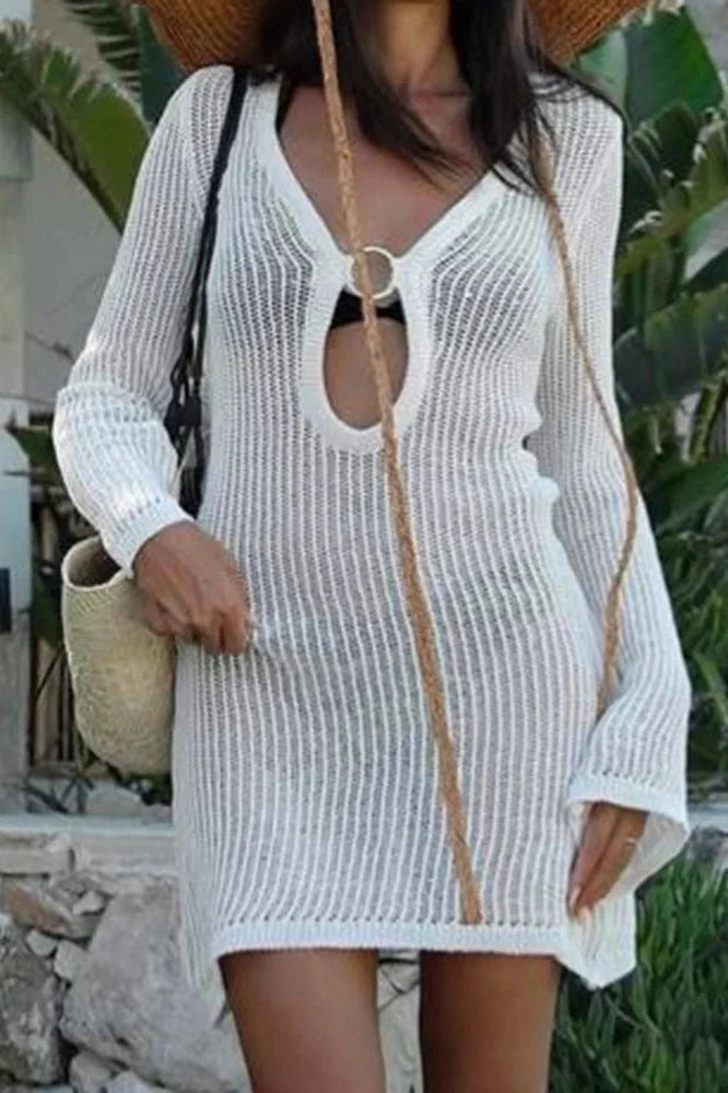 Elegant High Waist See-Through V-Neck Mesh Slim Mini Dress