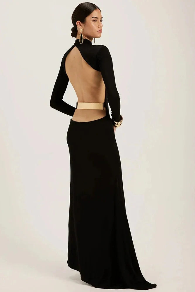 Backless Long Sleeve High Collar Bodycon Maxi Dress