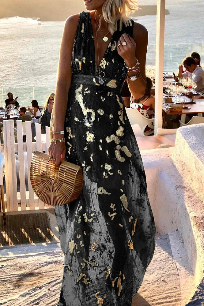 Hollow High Waist Printed Sleeveless Deep V Neck Maxi Dress