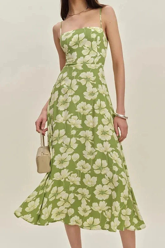 Backless Fit Floral Printed Sleeveless High Waist Midi Dress