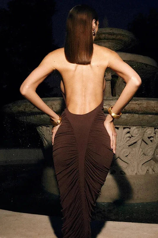 Elegant Pleated Sleeveless Backless Bodycon Midi Dress