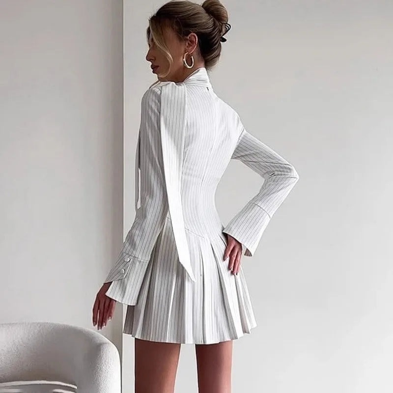 V Neck Button Scarf Ribbon Long Sleeve Mini Dress