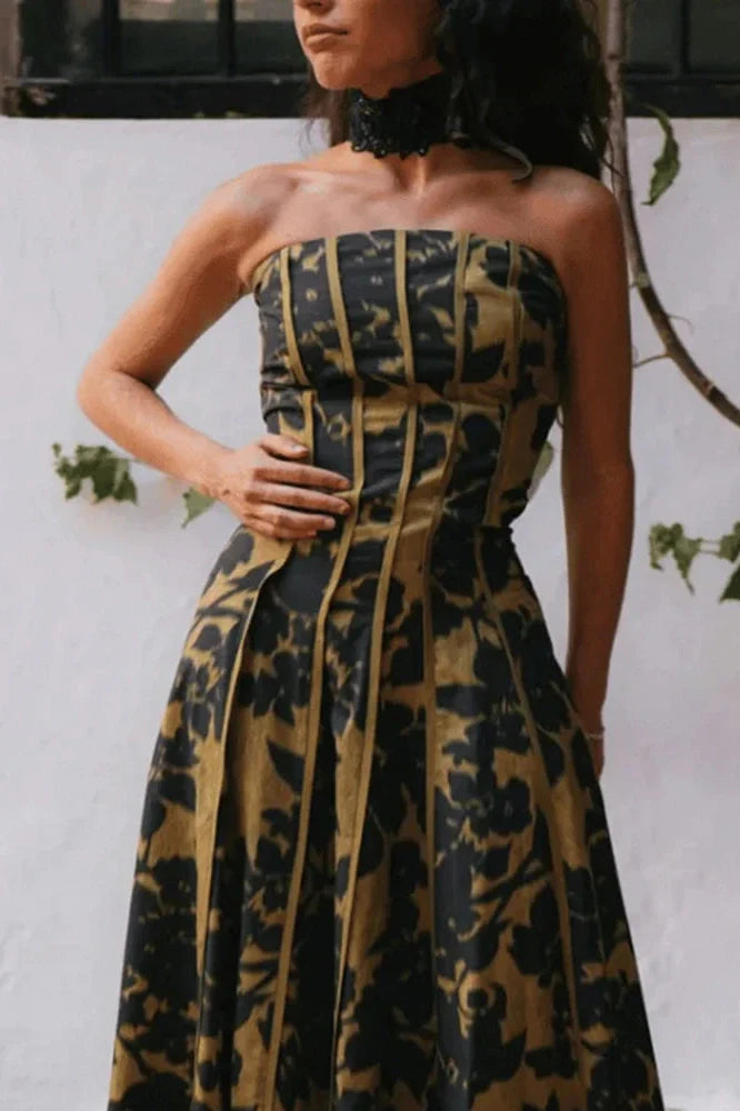 Hollow Out High Waist Pleated Sleeveless Printed Maxi Dress