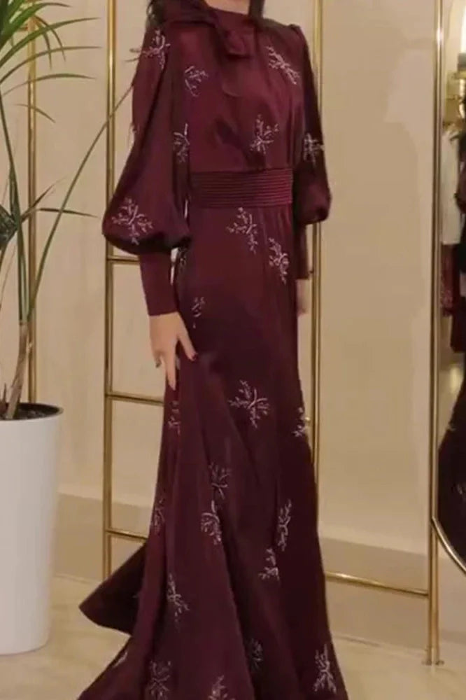 Elegant Printed Pleated High Waist Long Sleeve Slim Maxi Dress