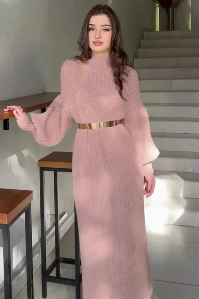 Elegant Knitted Turtleneck Long Sleeve Maxi Dress