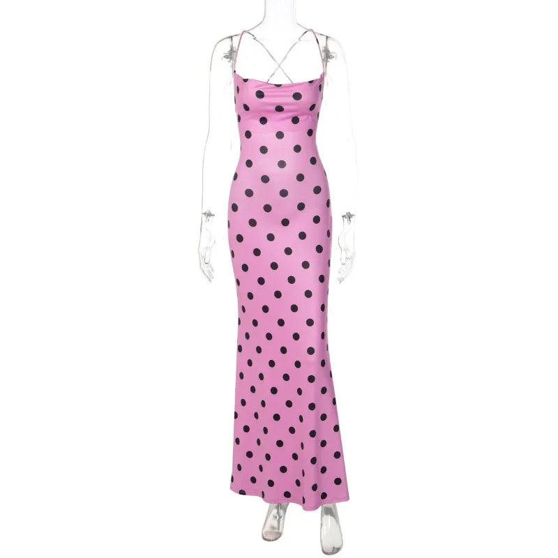 Lace Up Printed Polka Dot Backless Maxi Dress