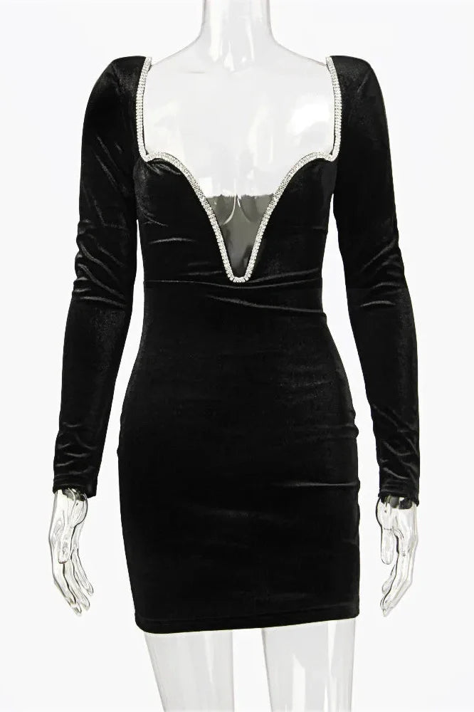 Long Sleeve Deep V Neck Crystal Padded Mini Dress