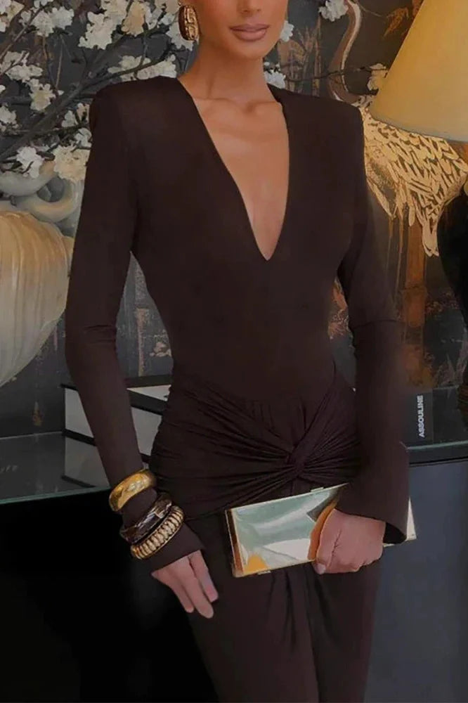 Elegant Deep V-Neck Slim Long Sleeve Pleated Maxi Dress
