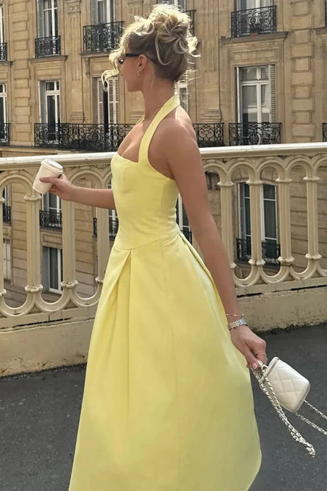 Backless Sleeveless High Waist A-Line Pleated Midi Dress