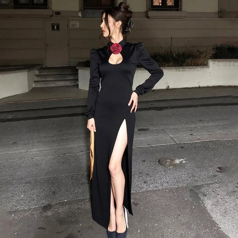 Hollow Out Split Long Sleeve Stand Collar Maxi Dress