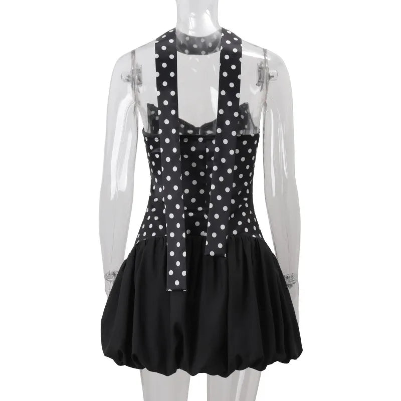 Strapless Polka Dot Patchwork Scarf Ribbon Mini Dress