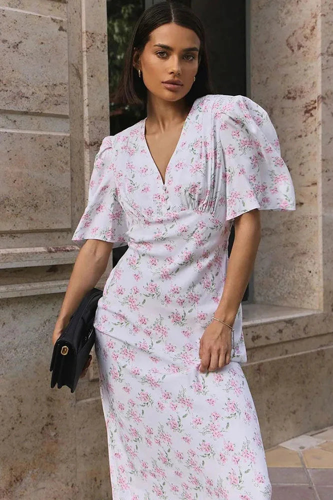 Printed V-Neck Short Sleeve Slim High Waist Maxi Dress
