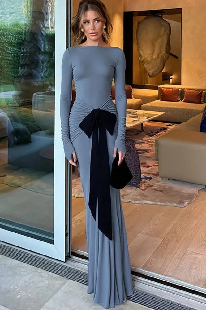 Long Sleeve Patchwork O Neck Bodycon Maxi Dress