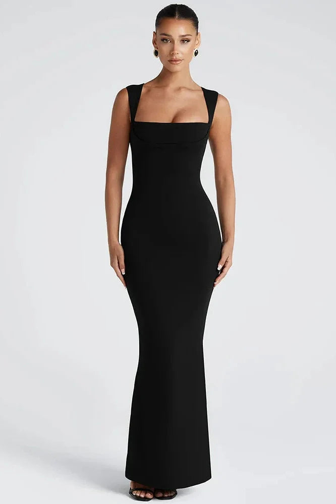 Square Collar Sleeveless High Waist Bodycon Maxi Dress