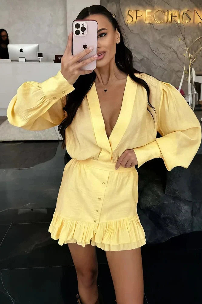 V-Neck Lace-Up Loose Long Sleeve Mini Dress