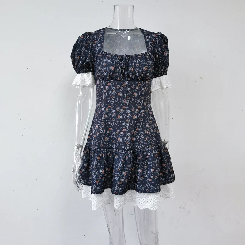 Lace Short Sleeve High Waist Mini Dress
