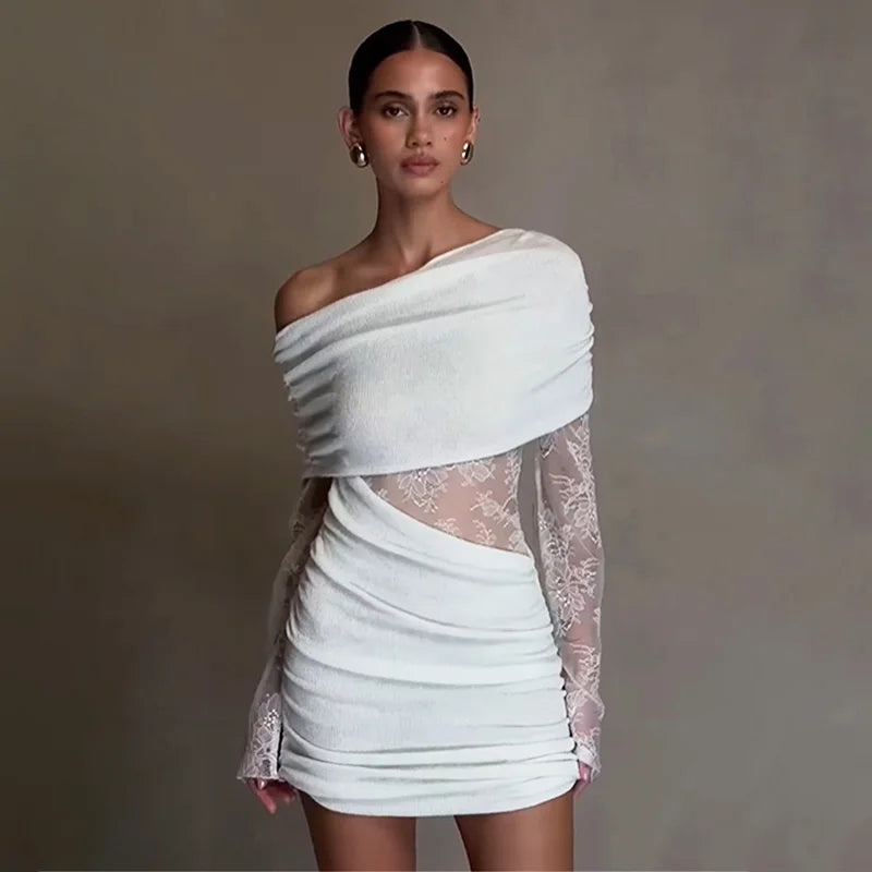 Lace Patchwork Slash Neck Off-Shoulder Mini Dress