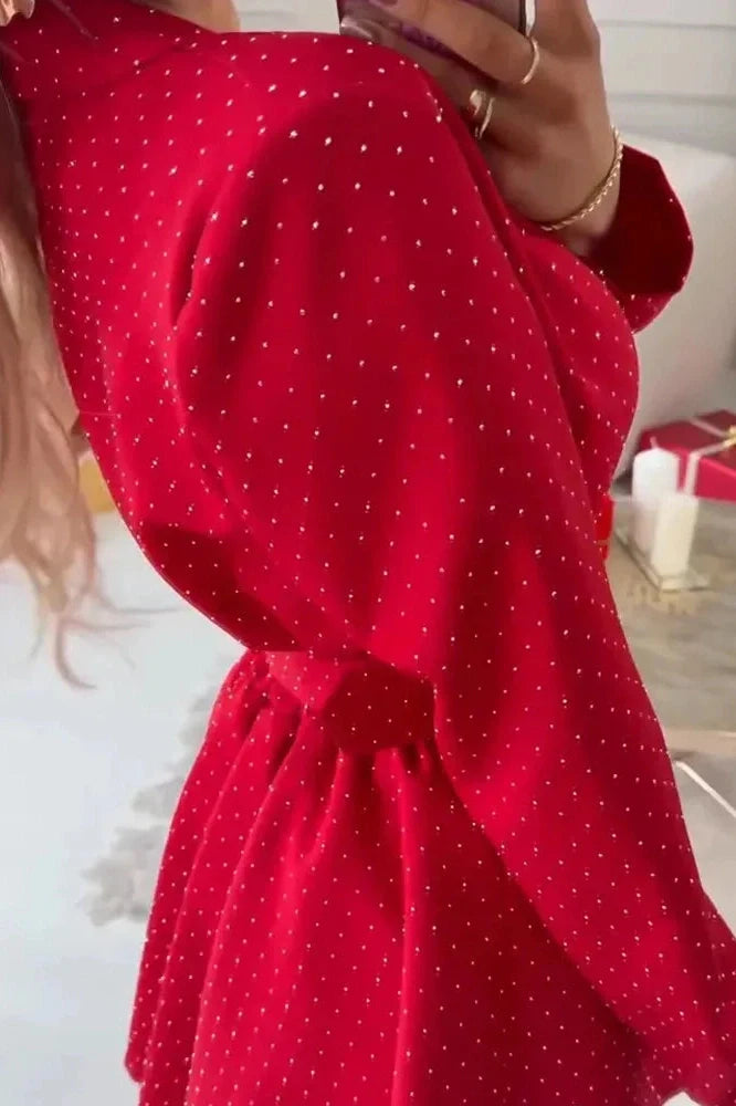 Elegant Long Sleeve Pleated High Waist Slim Printed Mini Dress