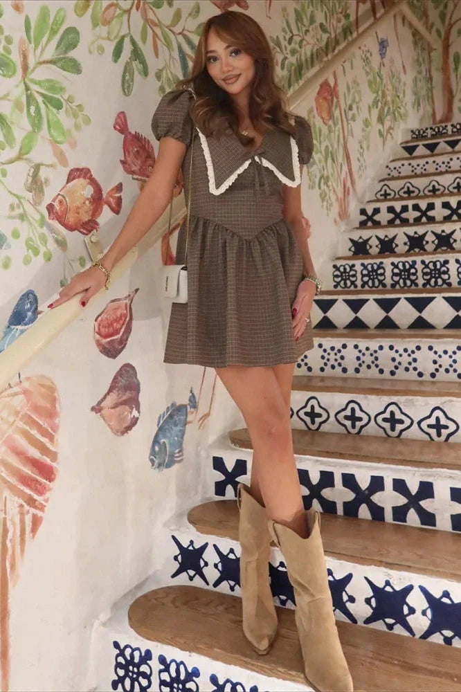 V-Neck Patchwork Short Sleeve Lace-Up Mini Dress