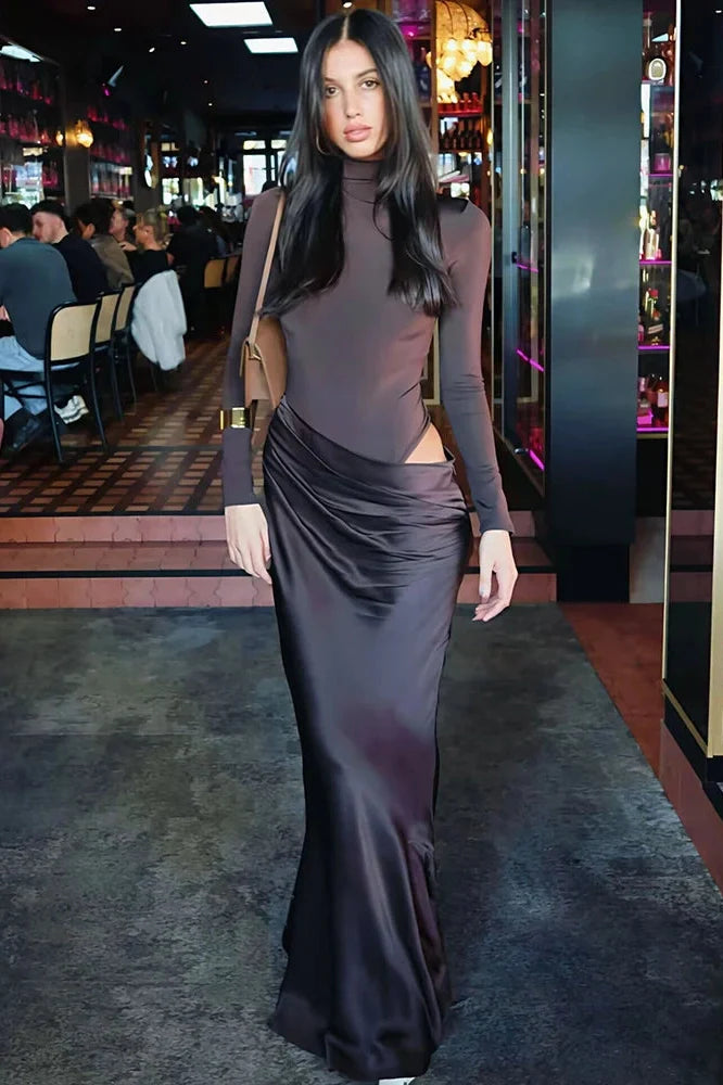 Hollow Out Long Sleeve Turtleneck Bodycon Maxi Dress
