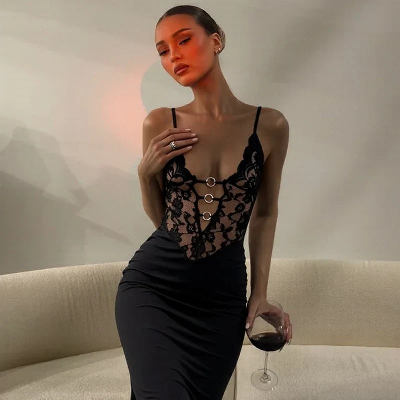 Hollow Spaghetti Strap Lace Slim Maxi Dress