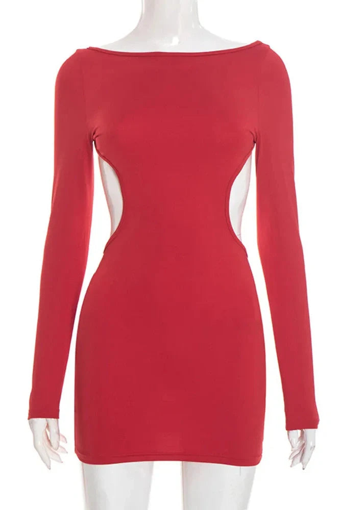 Hollow Out Backless Long Sleeve O Neck High Waist Mini Dress