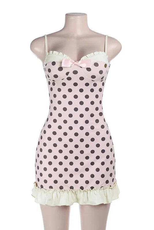 Strappy Polka Dot Slim Tie V-Neck Mini Dress