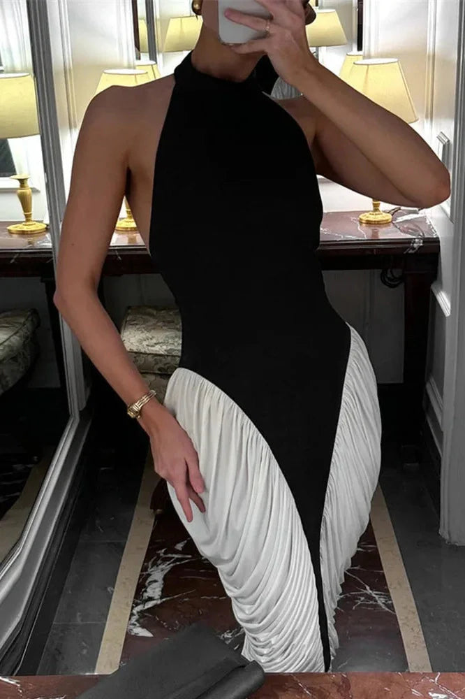 Patchwork Backless Sleeveless Pleated Midi Dress