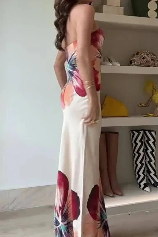Printed Off Shoulder Slim Backless Strapless Maxi Dress