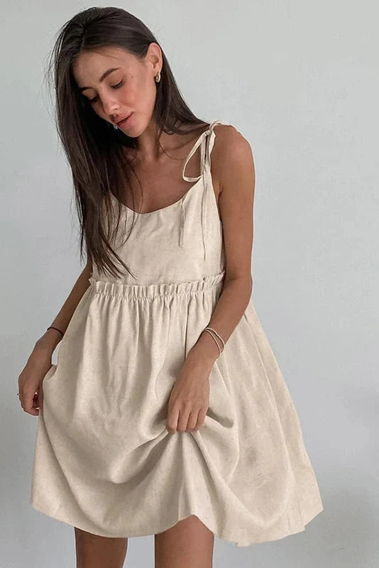 Spaghetti Strap Loose Cotton Lace Up Mini Dress