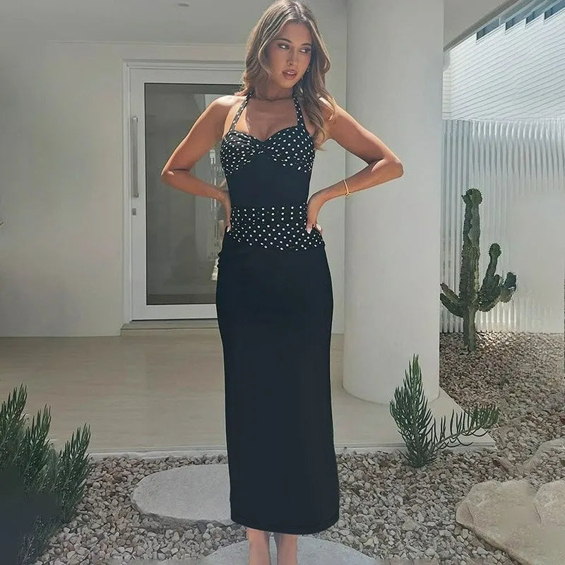 Polka Printed Lace-Up V-Neck Patchwork Maxi Dress