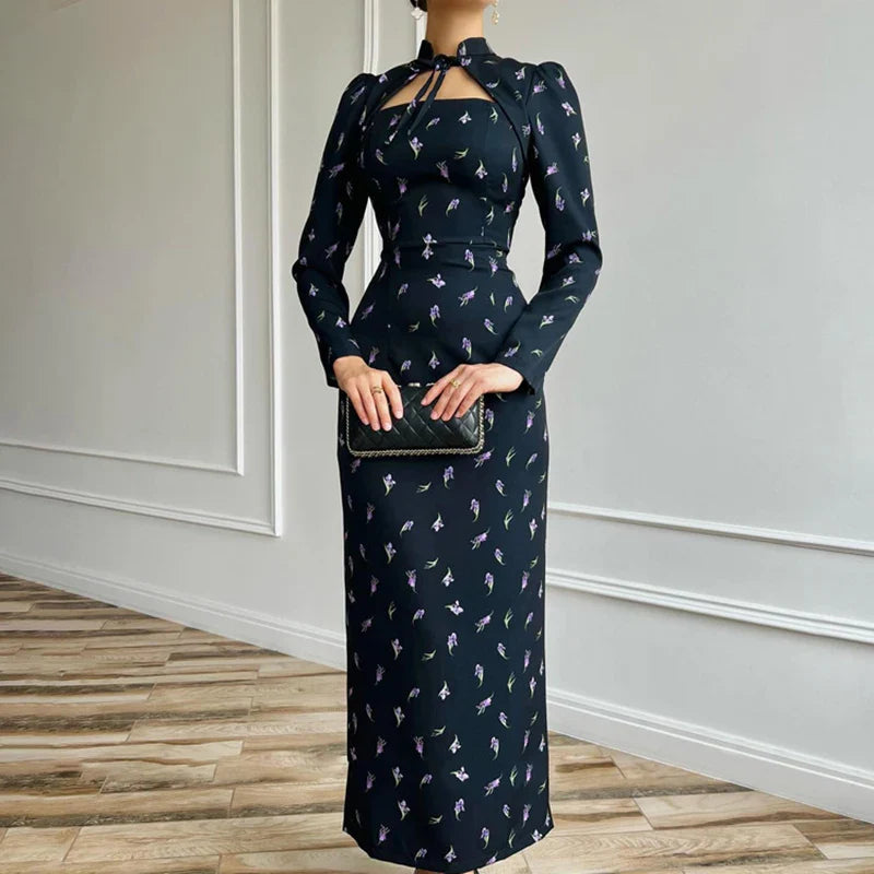 Printed Long Sleeve Lace Up Slit Maxi Dress