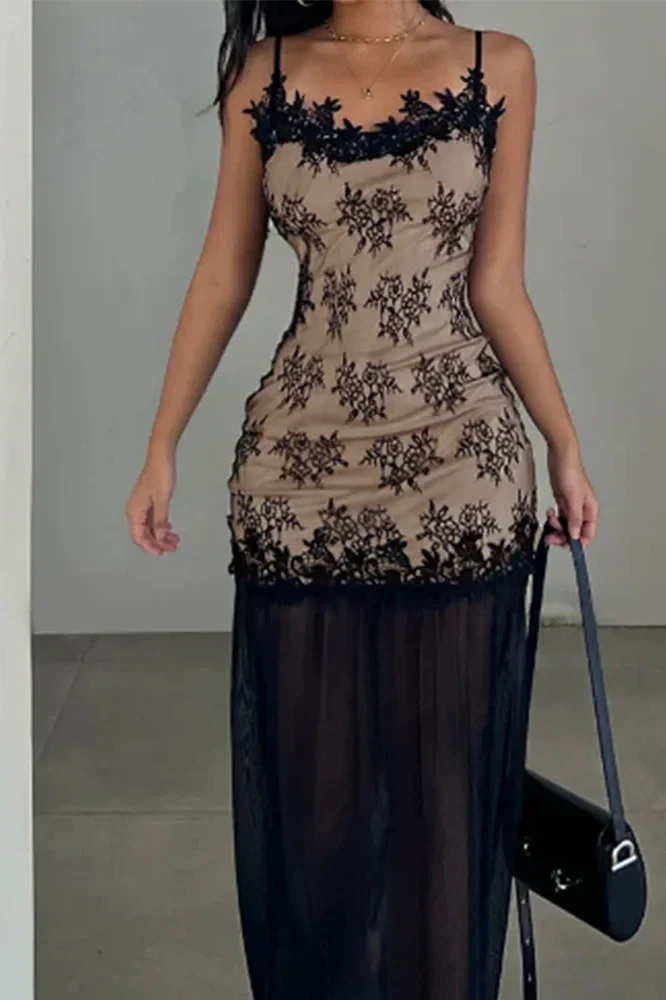 Elegant Backless Lace Print Sleeveless Slim Maxi Dress