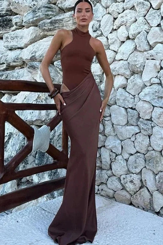 Hollow Out Pleated O Neck Sleeveless Slim High Waist Maxi Dress