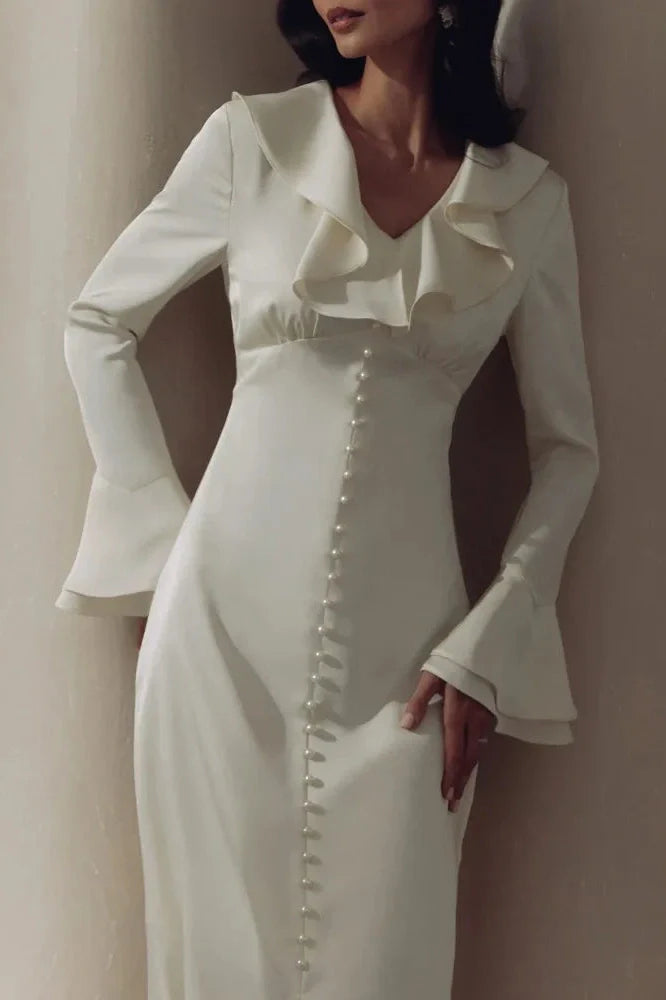 Elegant V Neck Slim Long Sleeve High Waist Midi Dress