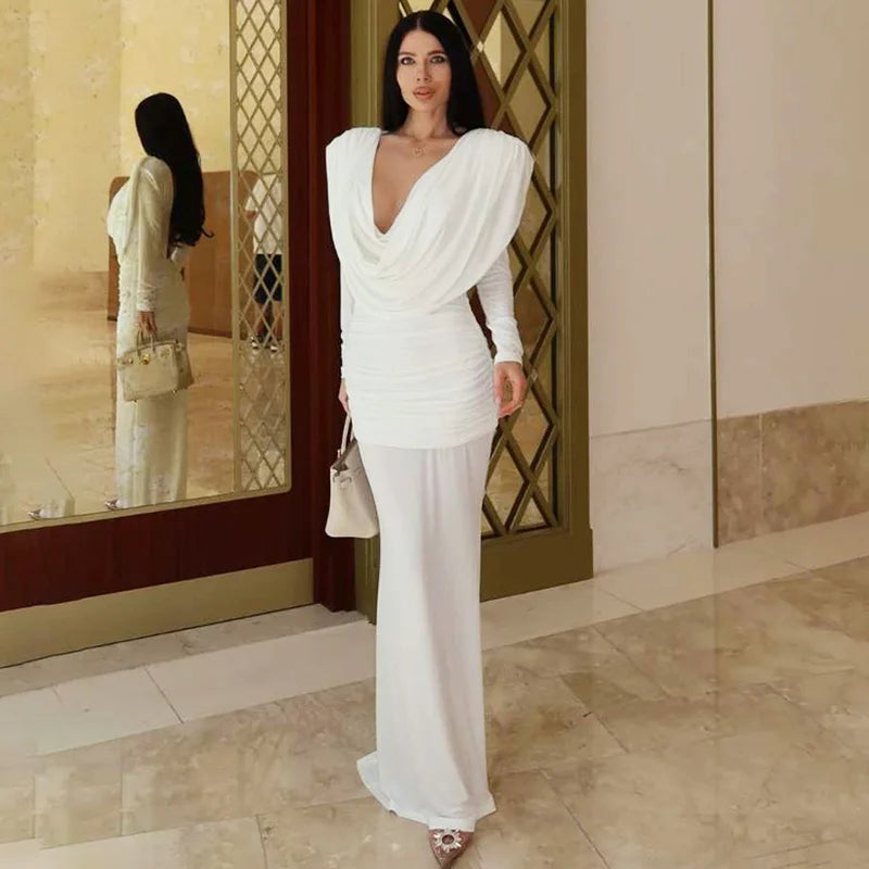 Deep V-Neck See-Through Long Sleeve Maxi Dress