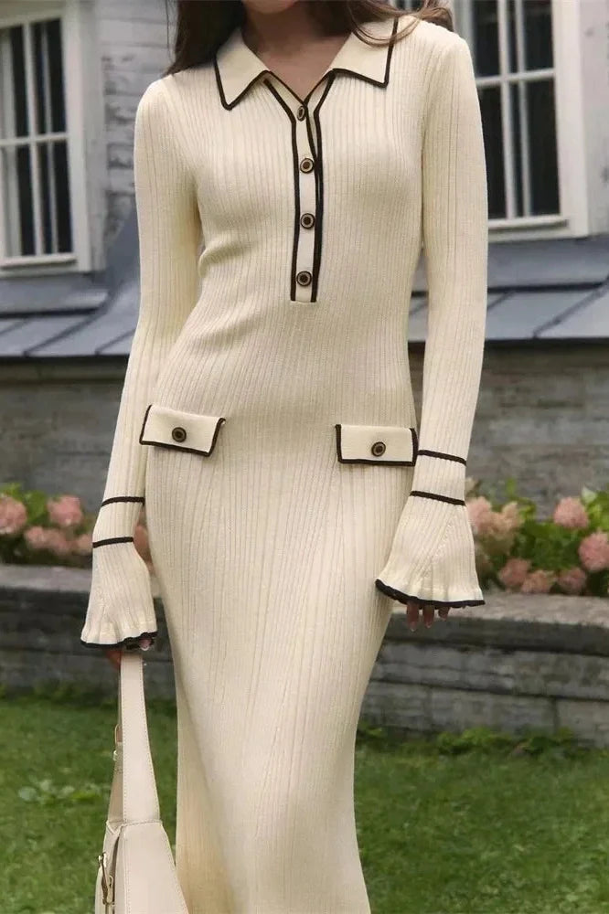 Knitted High Waist Long Sleeve Midi Dress