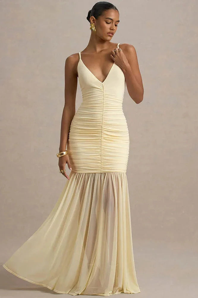 Spaghetti Strap Backless Patchwork V Neck Pleated Maxi Dress