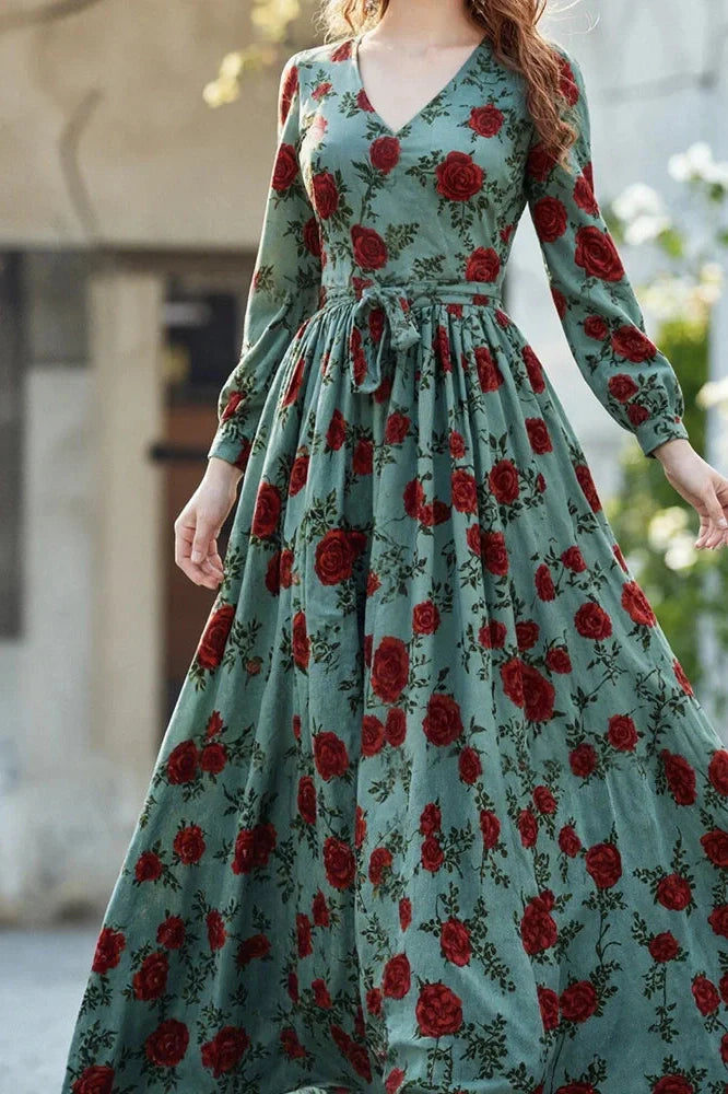 Elegant Long Sleeve Slim Pleated V-Neck Printed Maxi Dress