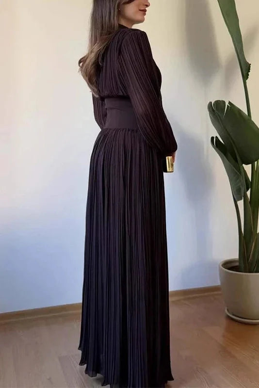 Long Sleeve High Waist Pleated V-Neck Maxi Dress