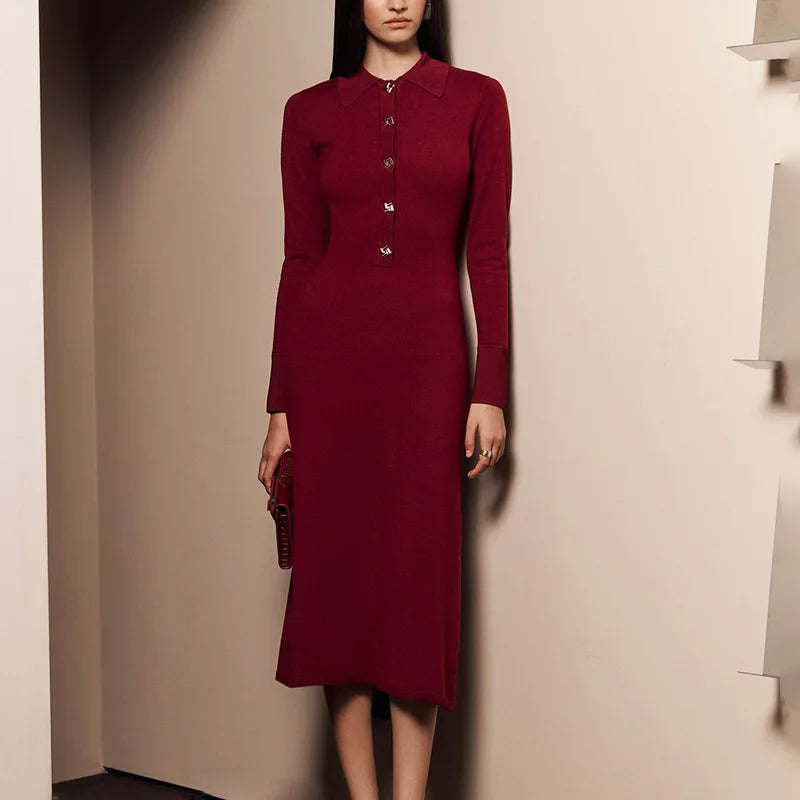 Button Lapel Collar High Waisted Long Sleeve Midi Dress