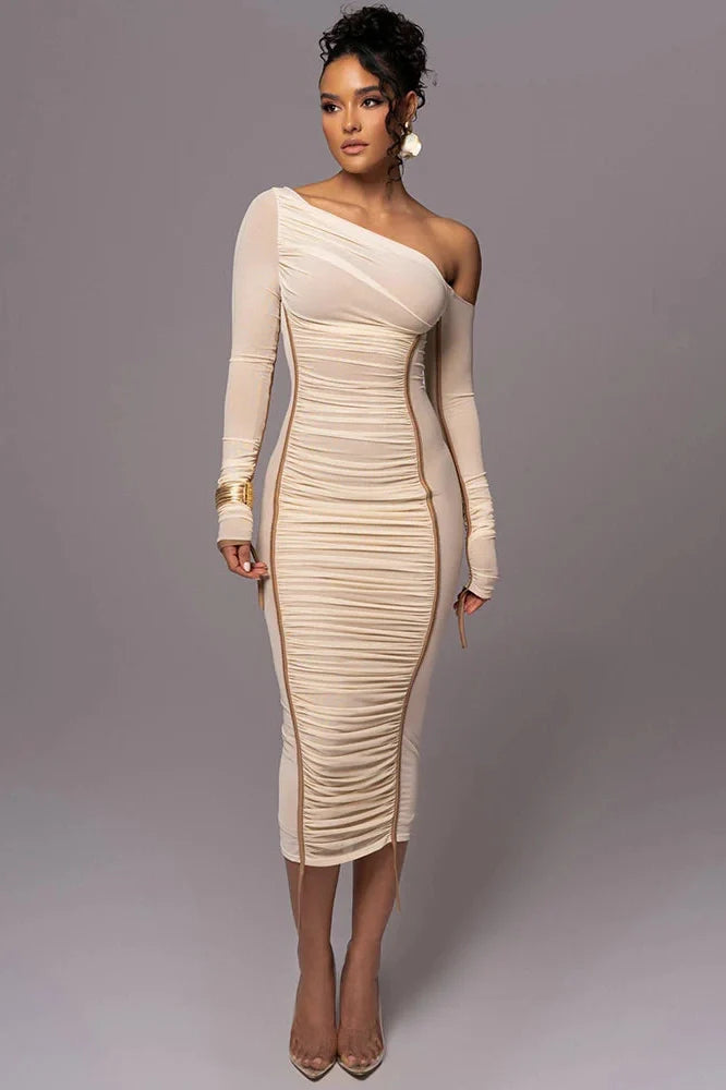 Diagonal Collar Long Sleeve Backless Midi Dress