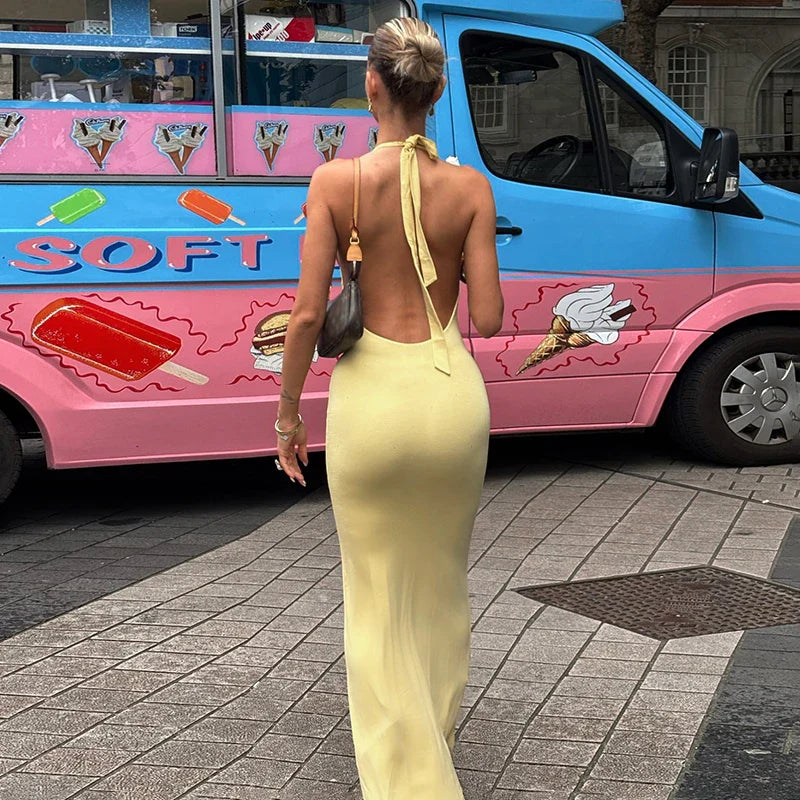 Deep V-Neck High Waisted Backless Maxi Dress