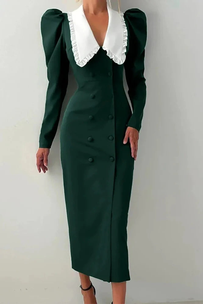 Elegant Long Sleeve Double Breasted Midi Dress
