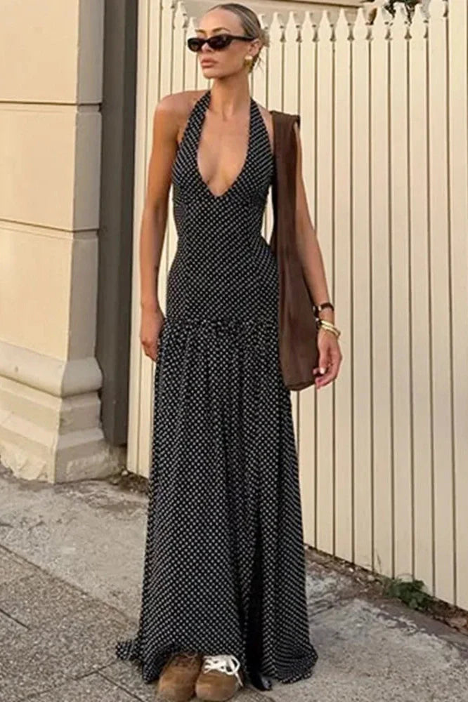 Backless Deep V Neck Sleeveless High Split Bodycon Maxi Dress