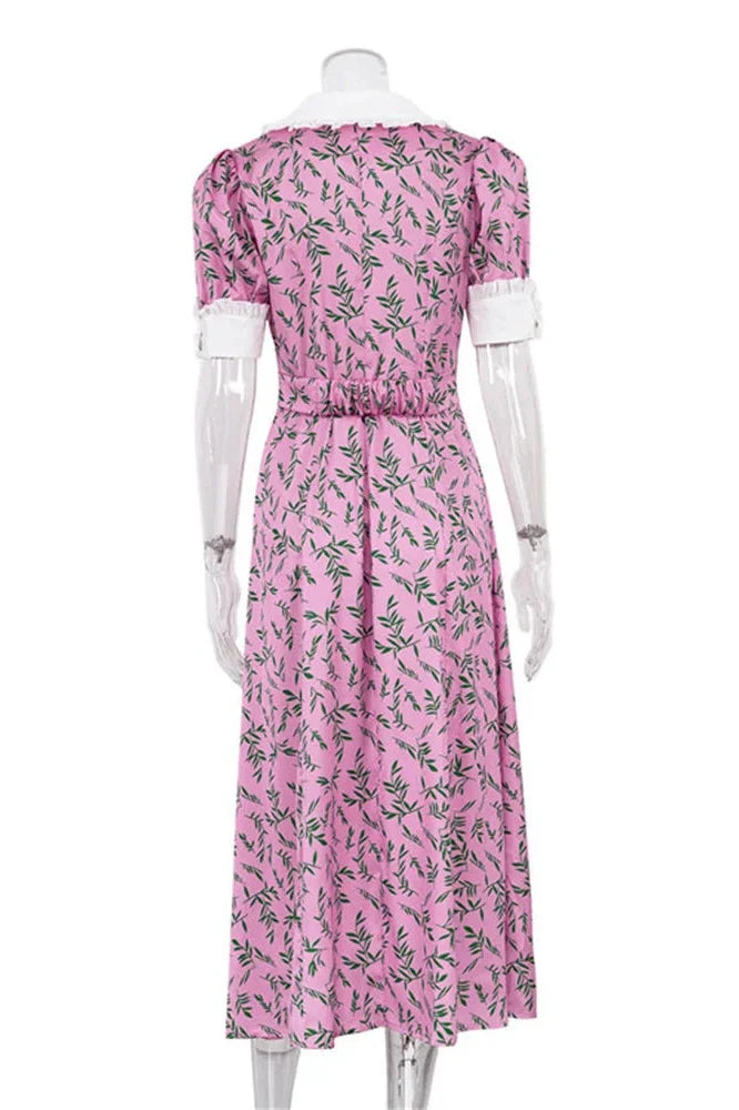 Printed Slim Short Sleeve High Waist Midi Dress