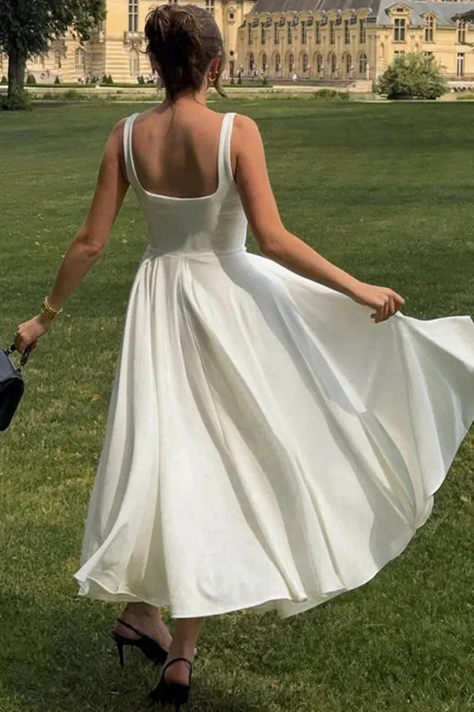 Spaghetti Strap Backless High Waist A-line Pleated Maxi Dress