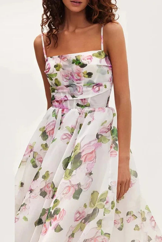 Slash Neck Printed Sleeveless High Waist Pleated Midi Dress