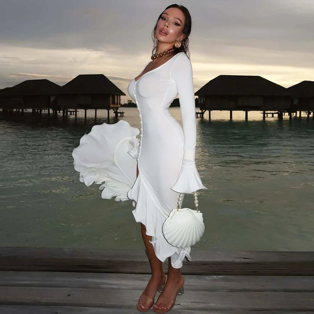 Elegant V-Neck Patchwork Long Sleeve Split Maxi Dress