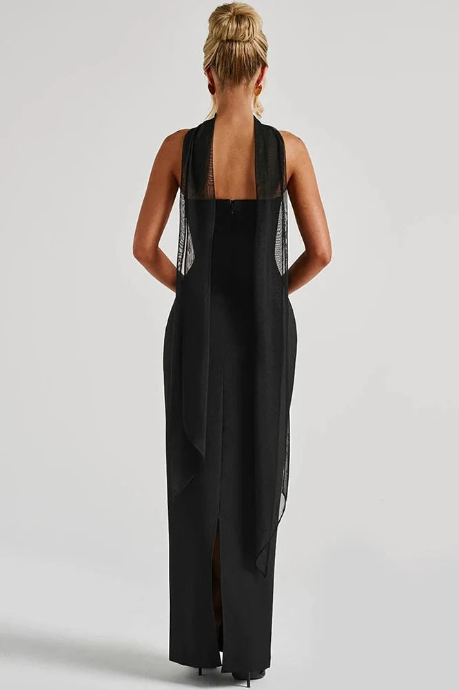 Scarf Collar Strapless Off-Shoulder Backless Bodycon Maxi Dress
